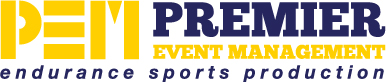 Logo of Premier Event Management. The text reads "PEM" in yellow and "PREMIER Event Management endurance sports production" in blue.