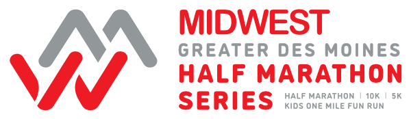 Logo for the Midwest Greater Des Moines Half Marathon Series, featuring red and gray stylized 'M's and event types: Half Marathon, 10K, 5K, Kids One Mile Fun Run.