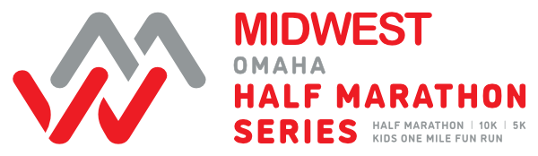 Logo for the Midwest Omaha Half Marathon Series, featuring events: Half Marathon, 10K, 5K, and Kids One Mile Fun Run, with stylized "M" design.