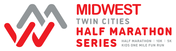 Logo for the Midwest Twin Cities Half Marathon Series, featuring events like the half marathon, 10K, 5K, and kids' one-mile fun run.