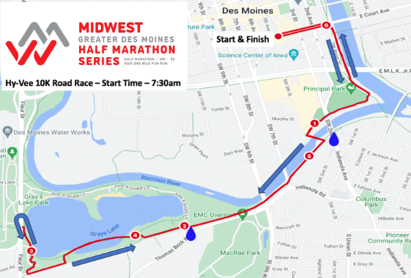 Map of the Midwest Greater Des Moines Half Marathon route, showing start and finish lines, water stations, and key turns along roads and paths in Des Moines.