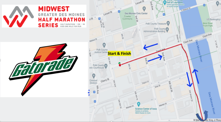 Map of the Midwest Greater Des Moines Half Marathon route with start and finish marked. Includes sponsor Gatorade's logo.