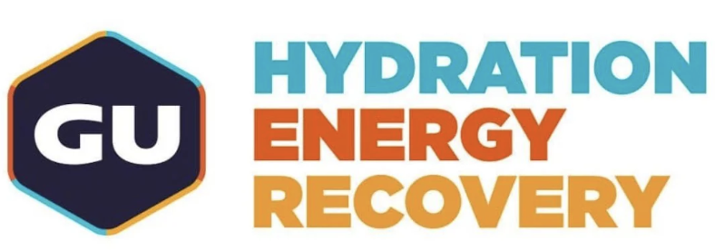 Logo with the letters "GU" on a hexagon, and the words "Hydration Energy Recovery" in blue and orange text.