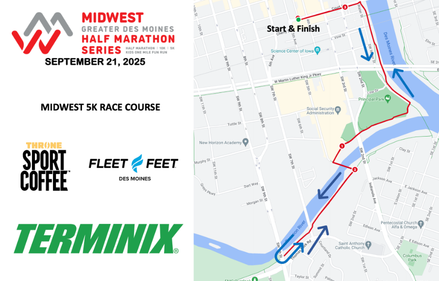 Map of the Midwest 5K race course in Des Moines, highlighting the start and finish line, with sponsor logos on the left side.