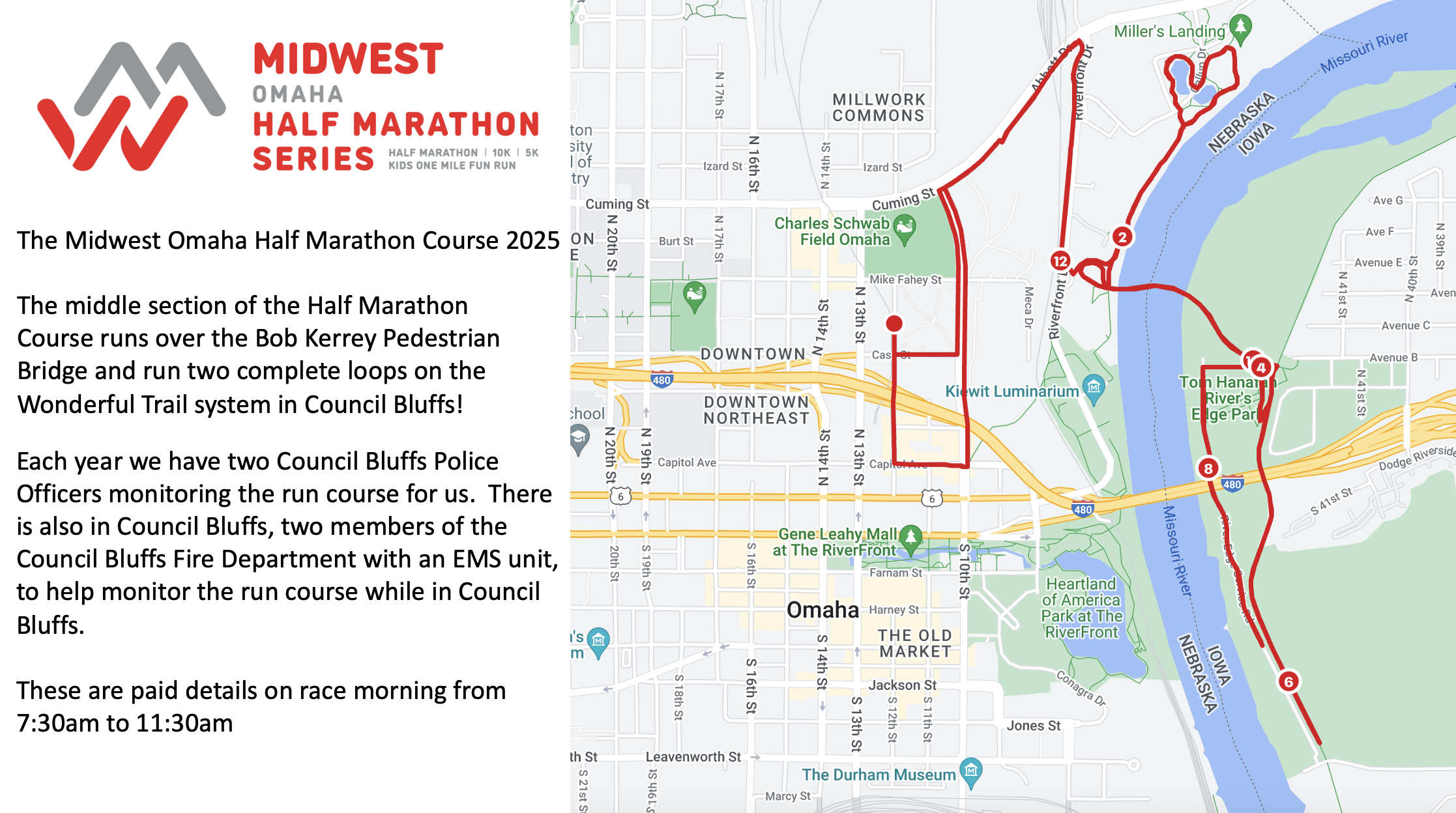 Map of the Midwest Omaha Half Marathon Course 2025, showing start, multiple loops, and key locations in Omaha and Council Bluffs, with race details and safety information.