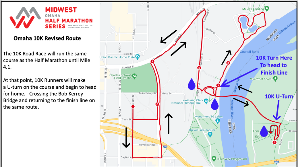 Map of the Omaha 10K route, showing start and finish points, U-turn at mile 4.1, and labels for key locations like Bob Kerrey Bridge and Levi Carter Park.