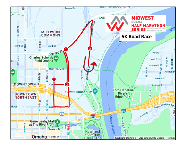 Map of Midwest Omaha Half Marathon Series 5K route, starting at Gene Leahy Mall, passing through Charles Schwab Field, and returning to the starting point in downtown Omaha.