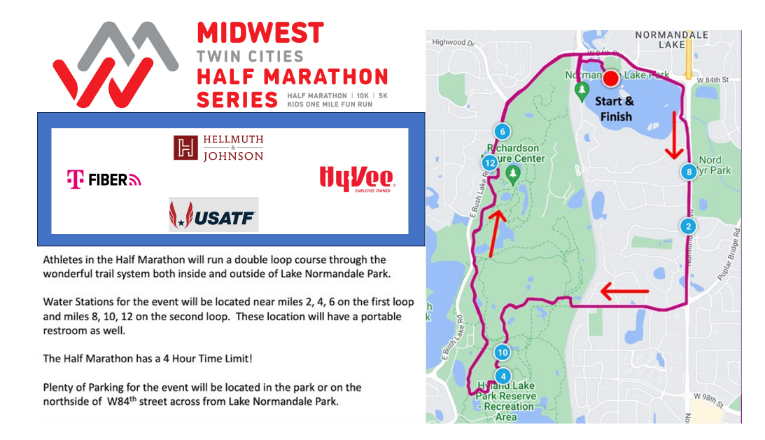 Map of the Midwest Twin Cities Half Marathon route at Lake Normandale Park, showing start/finish, course loops, water stations, and sponsor logos.