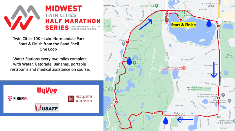 Map of the Twin Cities 10K at Lake Normandale Park showing the course loop, start/finish point, and water stations. Logos of sponsors are at the bottom.