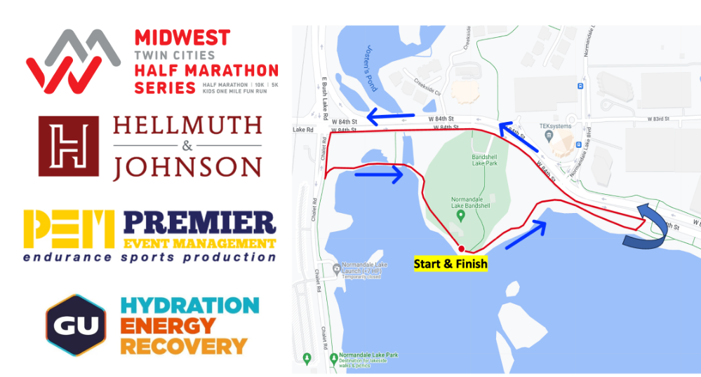 Map of the Twin Cities Half Marathon route with start and finish marked. Logos of Midwest Twin Cities Half Marathon, Hellmuth & Johnson, Premier Event Management, and GU Hydration are displayed.