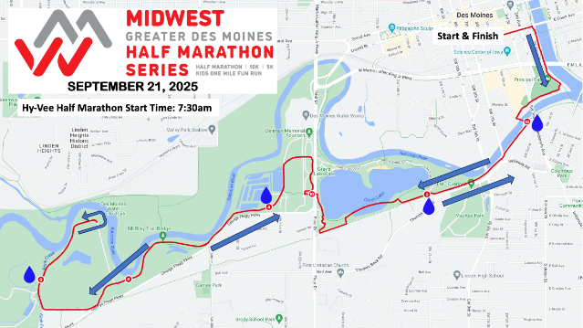 Map of the Hy-Vee Half Marathon route in Des Moines, showing start/finish near Des Moines river, loops through Water Works Park, and returns. Start time: 7:30am.