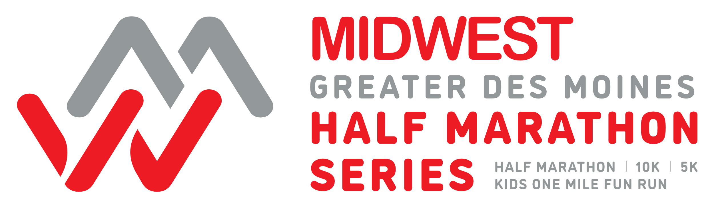 Logo for the Midwest Greater Des Moines Half Marathon Series, featuring half marathon, 10K, 5K, and kids one mile fun run. Red and gray design elements.