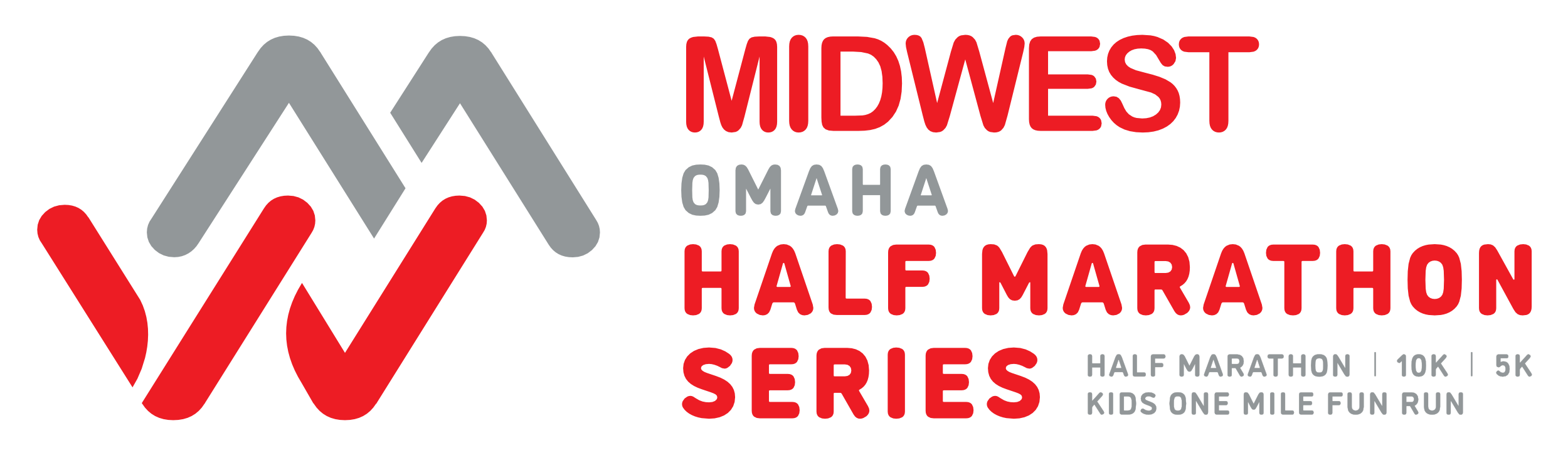 Logo for the Midwest Omaha Half Marathon Series, featuring text for event distances: half marathon, 10K, 5K, and kids one mile fun run.