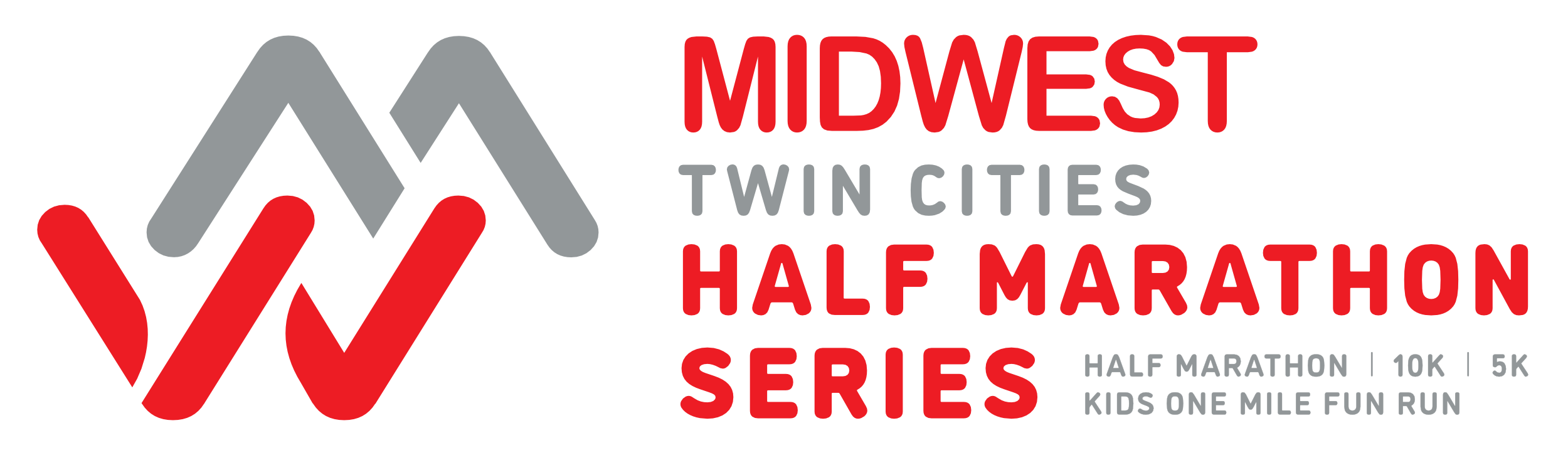 Logo for Midwest Twin Cities Half Marathon Series featuring a stylized "MW" and text detailing race events: Half Marathon, 10K, 5K, and Kids One Mile Fun Run.