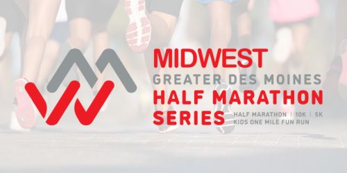 Logo for the Midwest Greater Des Moines Half Marathon Series, featuring events: Half Marathon, 10K, 5K, and Kids One Mile Fun Run.