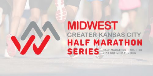 Logo for the Midwest Greater Kansas City Half Marathon Series, featuring symbols and text for half marathon, 10K, 5K, and kids one mile fun run.