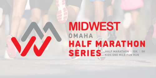 Logo for the Midwest Omaha Half Marathon Series with text listing event options: Half Marathon, 10K, 5K, and Kids One Mile Fun Run.