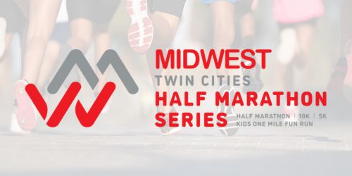 Poster for the Midwest Twin Cities Half Marathon Series, featuring various race options including a half marathon, 10K, 5K, and a kids one mile fun run.