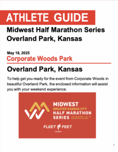 Athlete guide cover for the Midwest Half Marathon Series in Overland Park, Kansas, featuring event details, date, location, and the event logo.